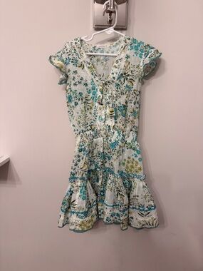 Poupette St. Barth White Floral V-Neck Dress with Teal & Yellow Accents